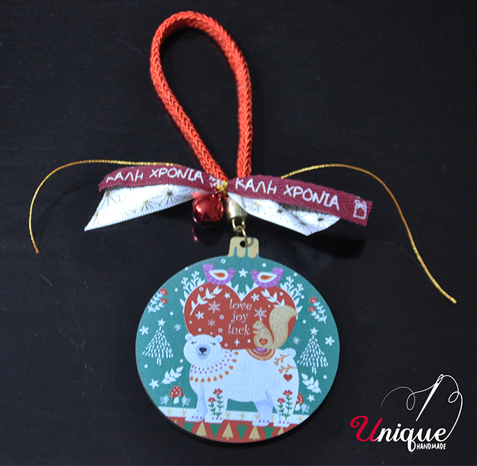 Wooden Pendant Round Christmas Ball “love luck” with Bear