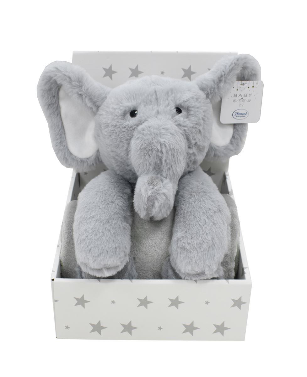 Plush Animal Set of 2 Pcs. bebe Elephant 03 Height 25 cm & Blanket Coral Fleece 75X90 cm Grey 100% Polyester