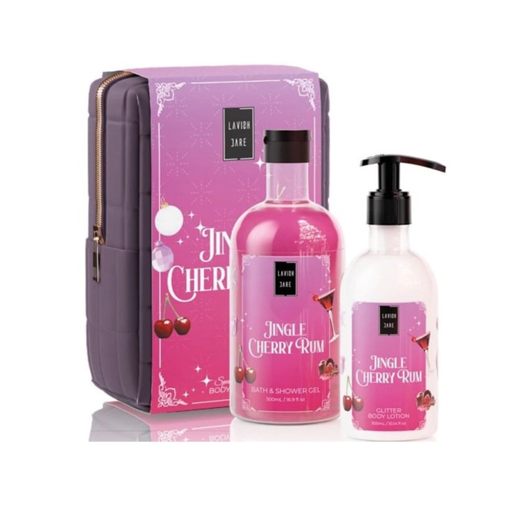 Lavish Care XMAS Promo Jingle Cherry Rum Aφρόλουτρο, 500ml, Glitter Γαλάκτωμα Σώματος, 300ml & Δώρο Νεσεσέρ, 1τεμ, 1σετ