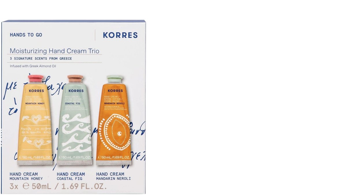 Korres Promo Hands to Go Moisturizing Hand Cream Trio Mountain Honey, 50ml & Coastal Fig, 50ml & Mandarin Neroli, 50ml, 1set