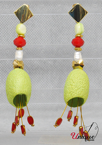 Green Red Silk Cocoon Earrings