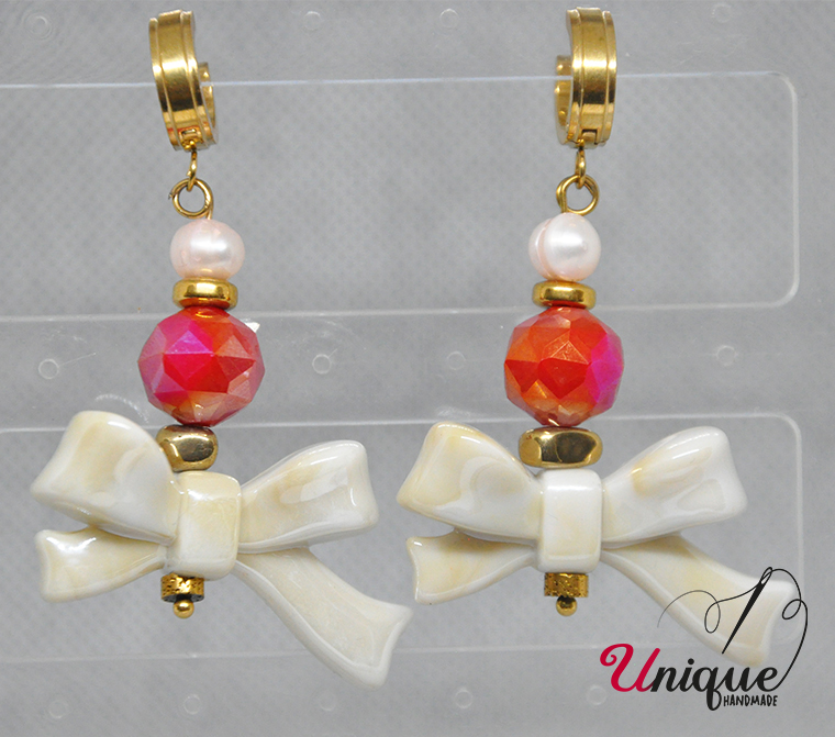 White Red Ceramic Bow Earrings