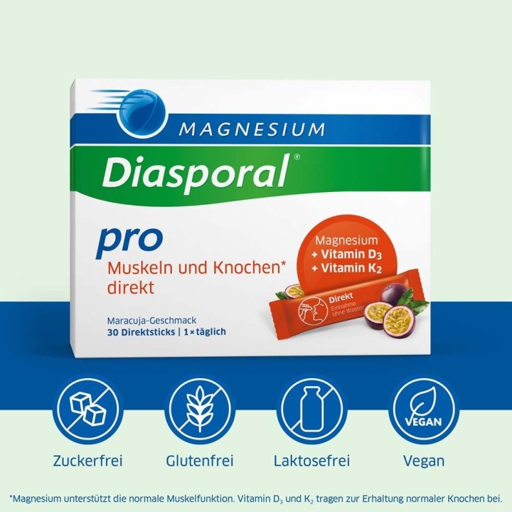 Diasporal Magnesium Pro + Vitamins D3 + K2 Muscles & Bones Direct, Sticks, 30 x 300mg