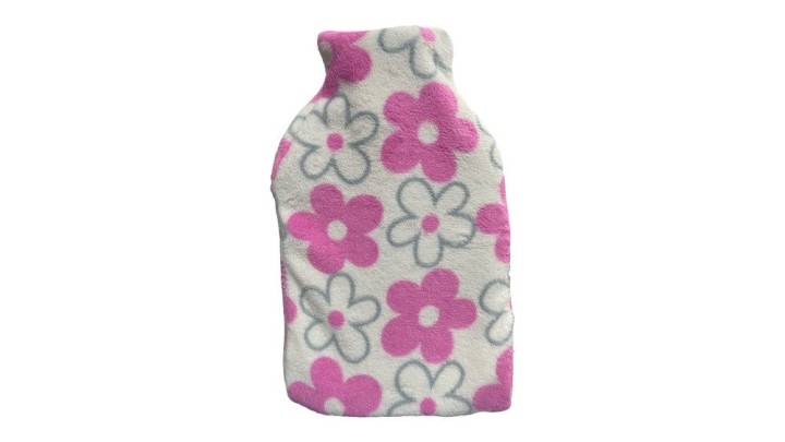 White Fleece W/ Pink & Grey Flowers, Hot Water Bottle
