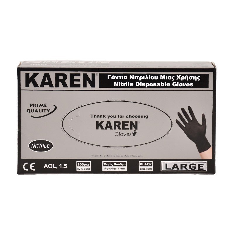 Karen Nitrile Disposable Powder Free Black, Gloves, 100 x l/s