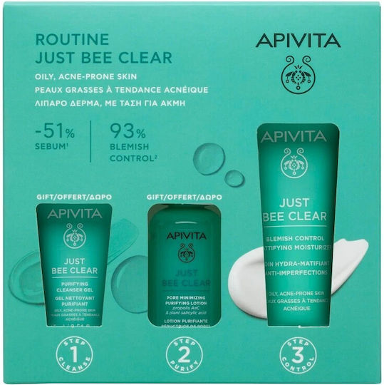 Apivita Promo Set Routine Just Bee Clear  Moisturizer 40Ml  Purifying Lotion 50Ml  Cleanser Gel 15Ml