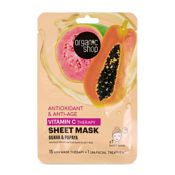 Organic Shop by Natura Siberica Antioxidant & Anti-Age Vitamin C Therapy Sheet Mask Guava & Papaya Anti-Aging & Antioxidant Face Mask, 1pc