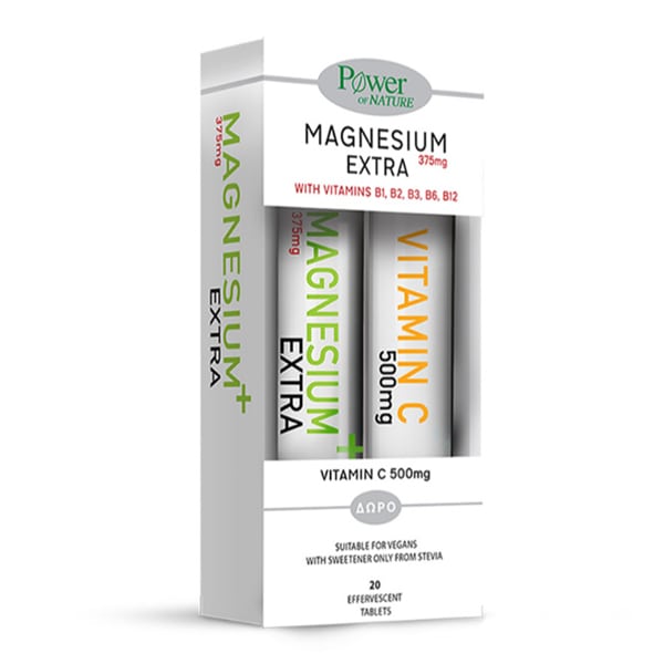 Power Of Nature Promo Magnesium Extra 375Mg, 20 Effervescent Tabs & Gift Vitamin C 500Mg, 20 EffervescentTabs