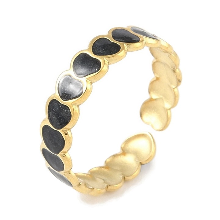 Perlarosa World Heart Pattern Cuff Ring (adjastable) Black