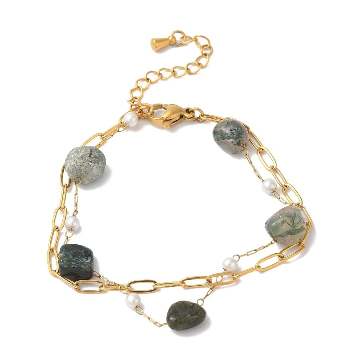 Perlarosa World Natural Moss Agate Bracelet with Pearl Accents