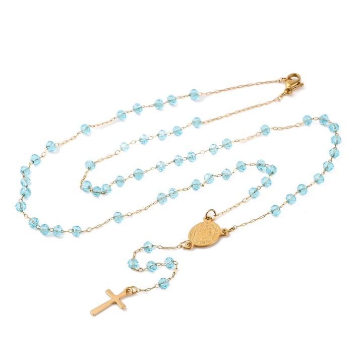Perlarosa World Rosary Bead Necklace with Cross  Light blue