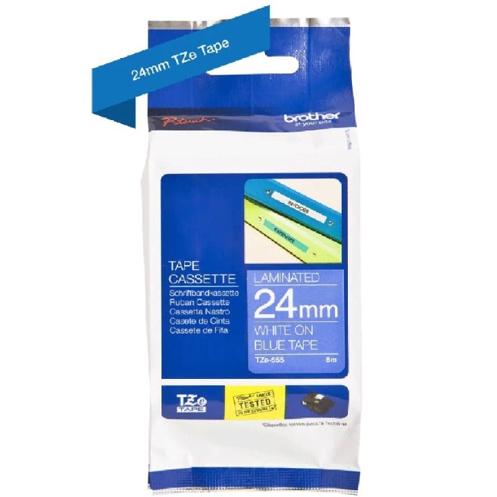 TZe555 24mm WHITE ON BLUE 8m BROTHER P-TOUCH TAPE