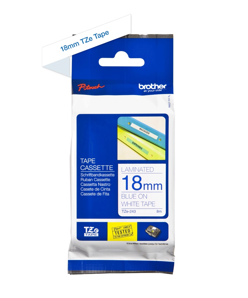 TZE243 (D) 18mm Blue On White Tape
