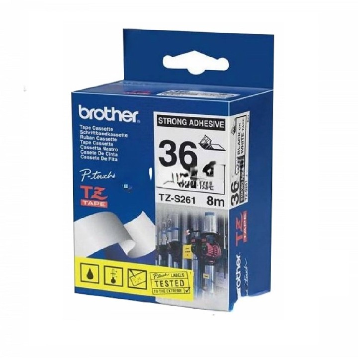 TZS261(D) 36mm BLACK ON WHITE 8m STRONG ADHESIVE BROTHER P-TOUCH TAPE (NOT TZe)