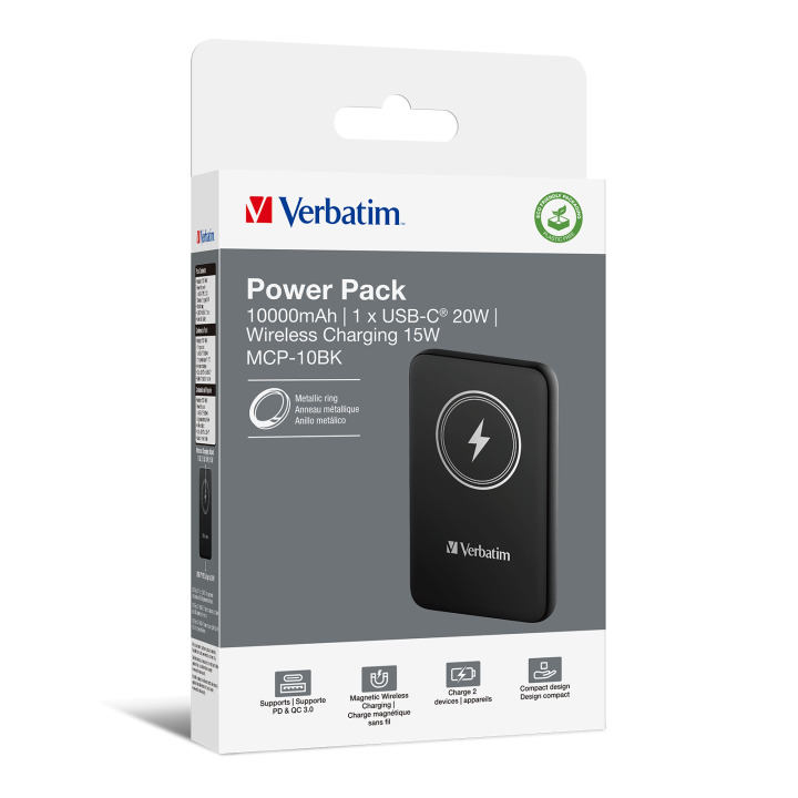 Verbatim Charge 'n' Go Power Bank 10000mAh Magnetic Wireless Charging - Black