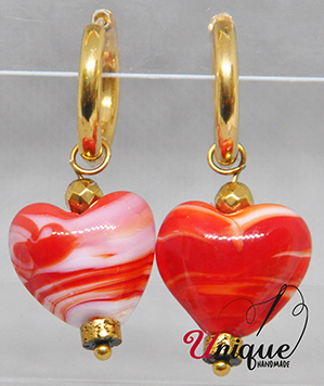 Gold Red Heart Hoops Earrings