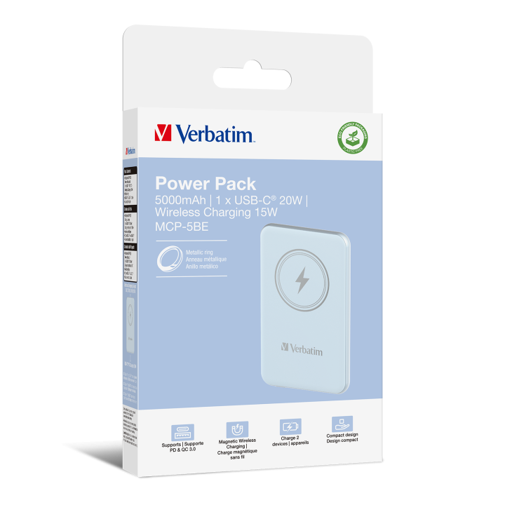 Verbatim Charge 'n' Go Power Bank 5000mAh Magnetic Wireless Charging - Blue