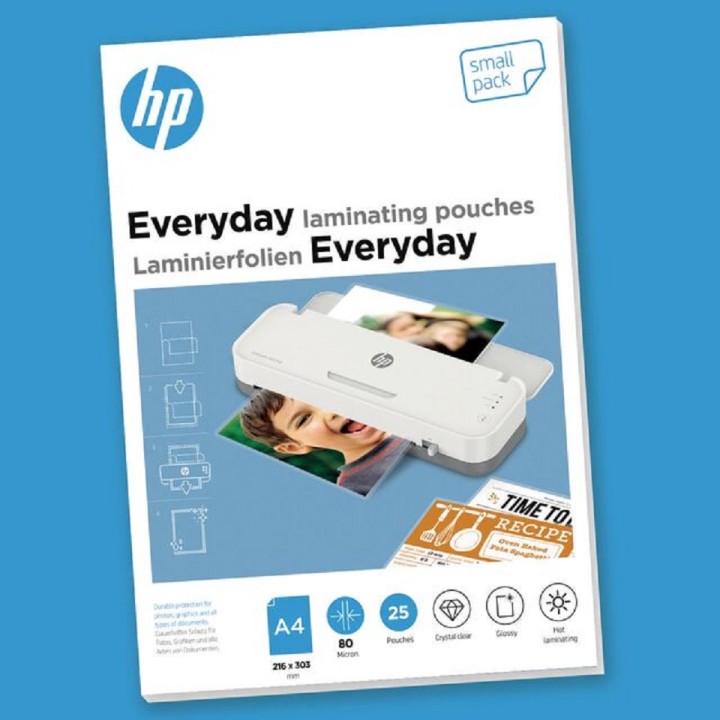 HP Everyday Laminating Pouches, A4, 80 Micron small pack, Pouch Size (mm) 216 x 303, Pouches/Pack x25, 9153