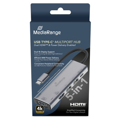 MediaRange USB Type-C® 5-in-1 Multiport Adapter, Silver