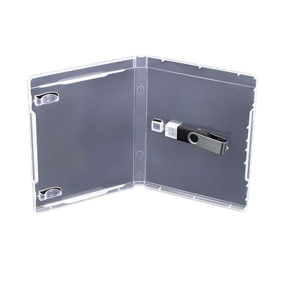 USB Flash Drive Box, BD-Case Sized: 170x135, 14mm Spine, Outer Cover Film and Booklet Clips, Transparent