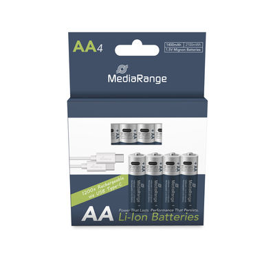 MediaRange Rechargeable USB-C Li-Ion Batteries, Mignon AA I 1.5V I 1.400mAh, 4-Pack