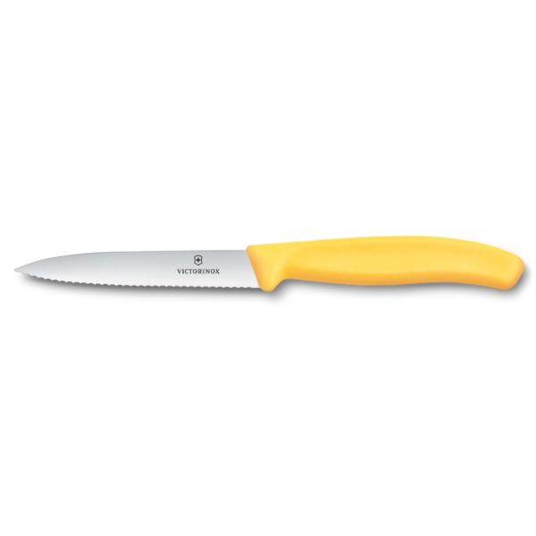 Swiss Classic, paring knife, 10cm, wavy, pointed tip, yellow