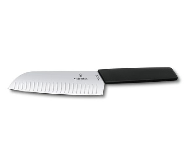 Swiss Modern, santoku knife, 17cm, straight, fluted,black,blister