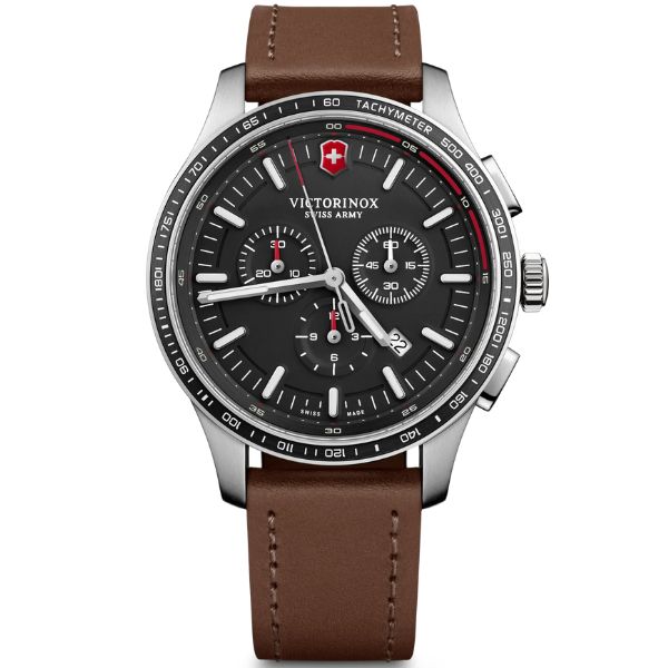 Alliance Sport Chronograph, 44, black dial, brown leather strap