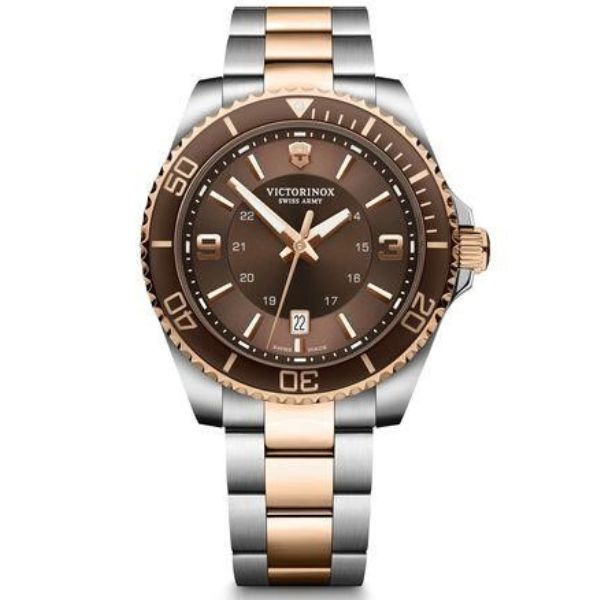 Maverick Large 2-tone, 43, silver stainless steel case, brown bezel, brown dial, silver/rose-gold two tone bracelet