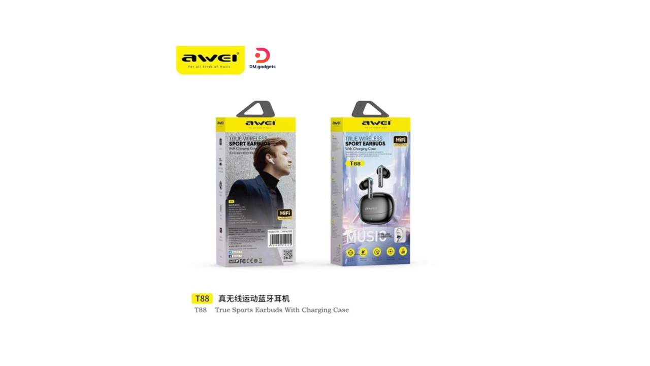 456#AWEI®T88 True Wireless Bluetooth 5.3 Sports Earbuds with charging Case – Black