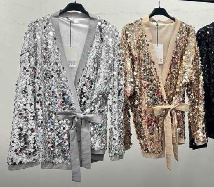 Gold payette jacket evening out.