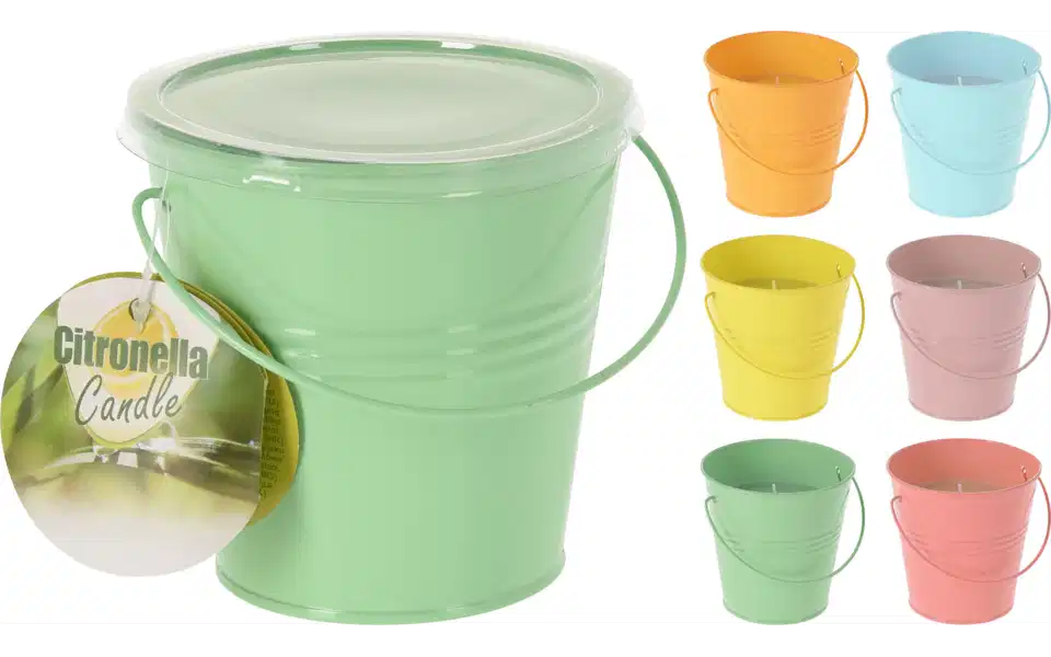 CANDLE IN METAL BUCKET 6 ASSORTED DESIGNS