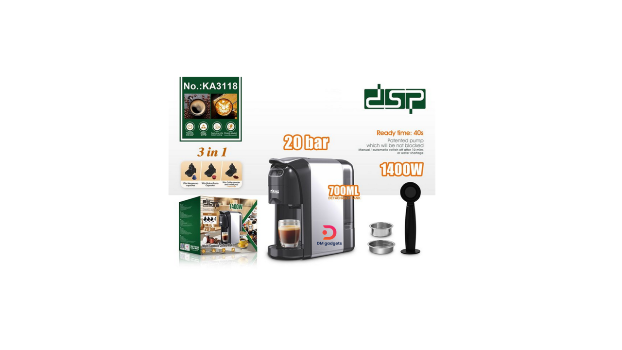 642Q4#DSP®KA3118 2 in 1 Professional Espresso machine 1400W for capsules & ground coffee Silver-Black