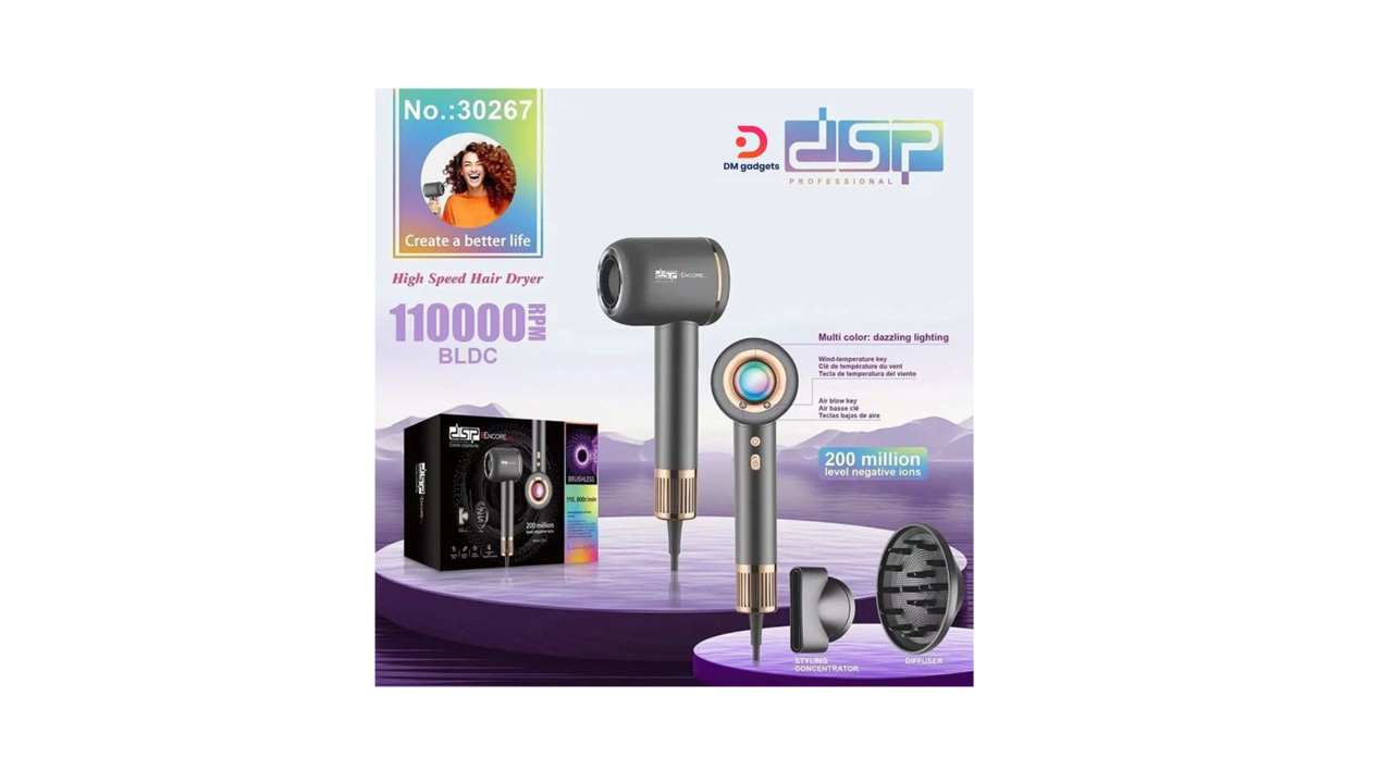 700H#DSP® 30267 Professional Hair dryer – High-Speed 1800W, 110,000-RPM Multistyler Dark-Grey