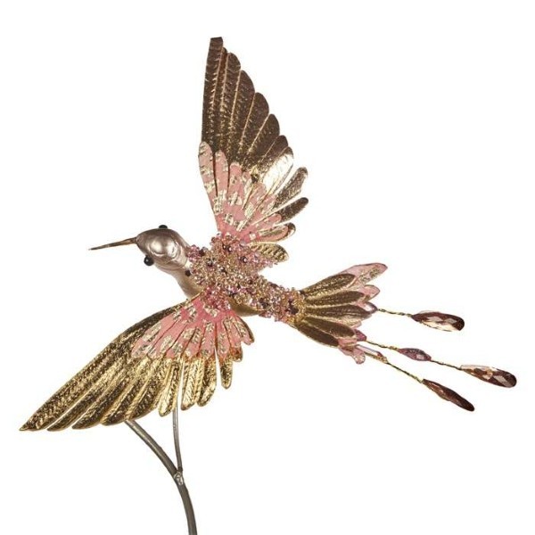 Ornament Bird on clip - Jewel Hummingbird - Pink/Gold - 20cm