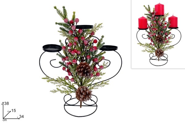 Κηροπήγιο - με Κλαδια και Μουρα - Πράσινο/κόκκινο - 34x15xΗ38εκ. (3 Θέσεων)