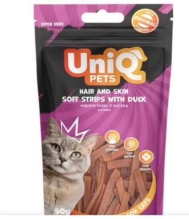 Uniq Pets Cat Snacks Hair And Skin Soft Strips With Duck - 50gr