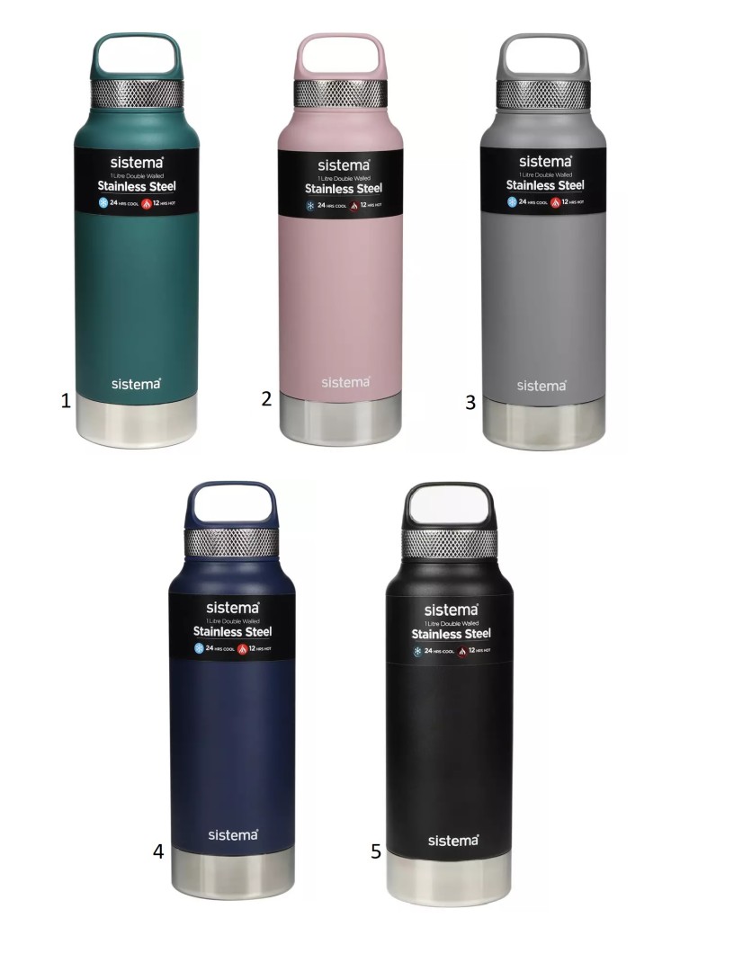 Sistema Hydration Insulated Water Bottle Stainless Steel 1L 5 Assorted Colors
