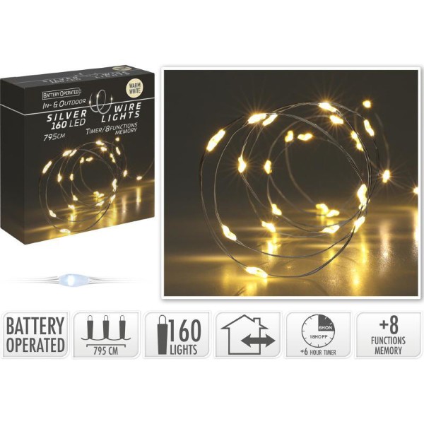 SILVER WIRE 160 LED LIGHTS 795CM - WARM WHITE