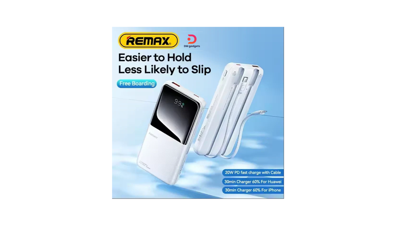 Remax®RPP-679 10000mAh -Led Display 20W+22.5W with 2 build-in Cables Power Bank – White