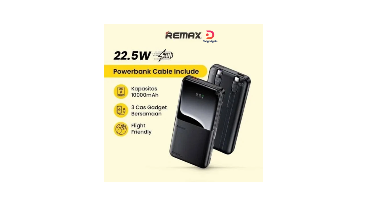 186N#Remax®RPP-679 10000mAh -Led Display 20W+22.5W with 2 build-in Cables Power Bank – Black