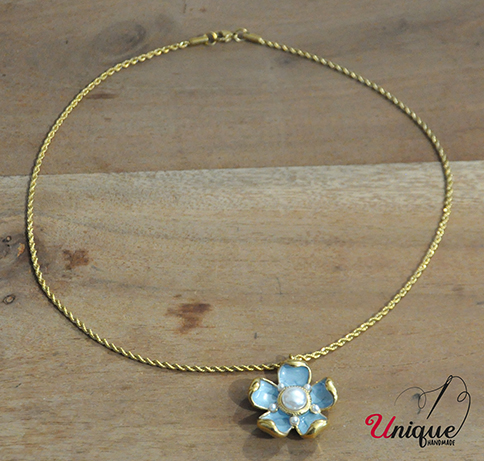 Stainless Steel Gold Light Blue Flower Pendant Gold Chain