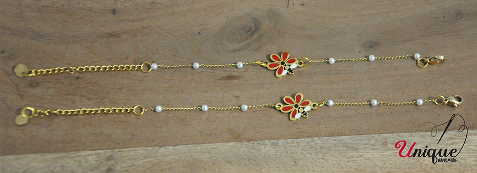 Stainless Steel Gold Perls Chain Flower Bee  Bracelet