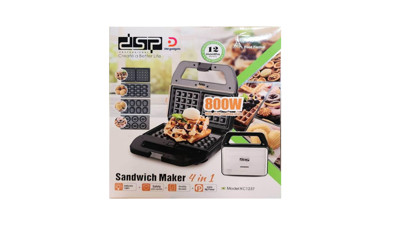642A3#DSP®KC1237 Sandwich, Waffles, Nuts, Donuts, Shells Maker 800W Non-stick Coating Plate – 4in1