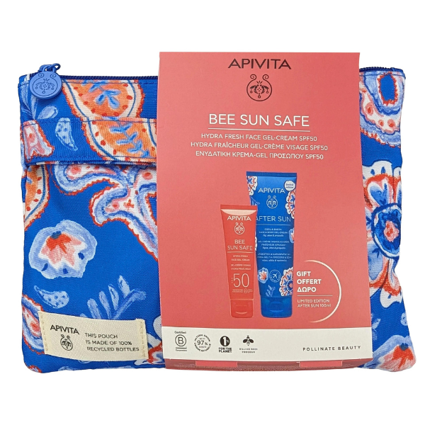 Apivita Bee Sun Safe Promo Hydra Fresh Face Gel-Cream Spf50, 50Ml & Free After Sun Cool & Sooth Face & Body Gel-Cream, 100Ml & Beauty Pouch