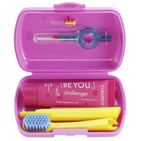 Curaprox Travel Oral Hygiene Set with Toothpaste 10ml + Foldable Toothbrush + Interdental Cleaning Brush + Pink Carrying Case 1pc