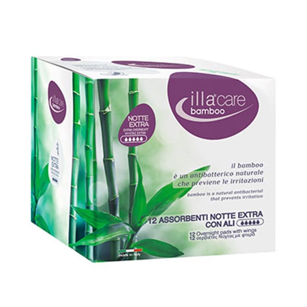 Illa Care Bamboo Extra Night Pads & Wings, 12Pcs