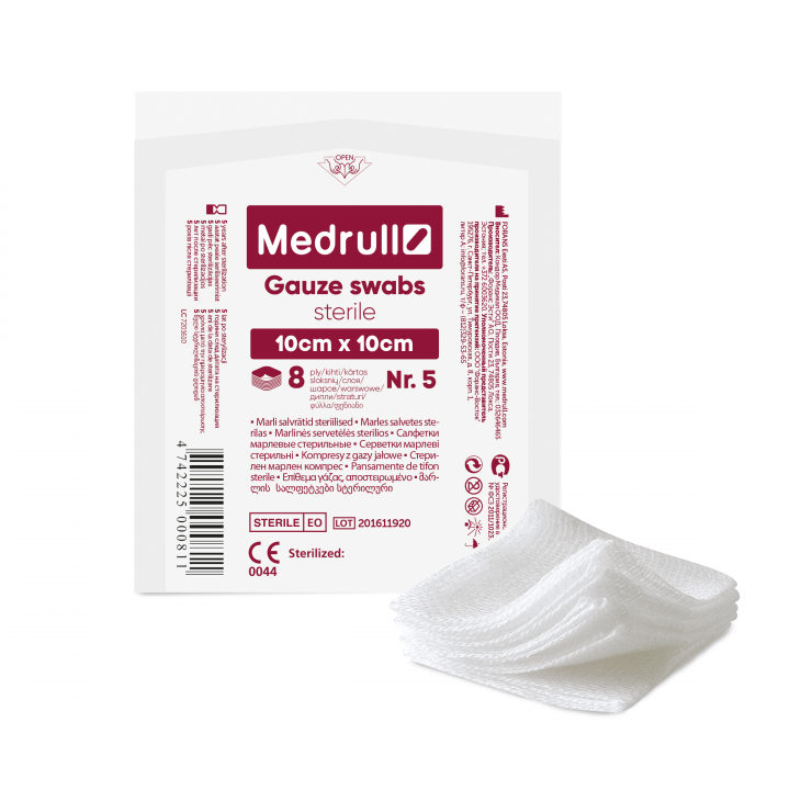 Medrull Sterile Gauze, Swabs, 5 X 10Cmx10Cm / 8 Ply 1 Packet