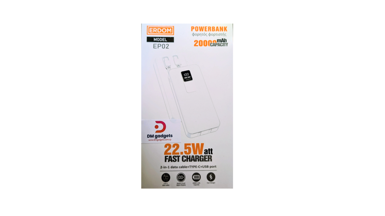 186S#ERDOM®EP02 2 in 1 20000 22.5W Data cable + Type-C + USB Port -White
