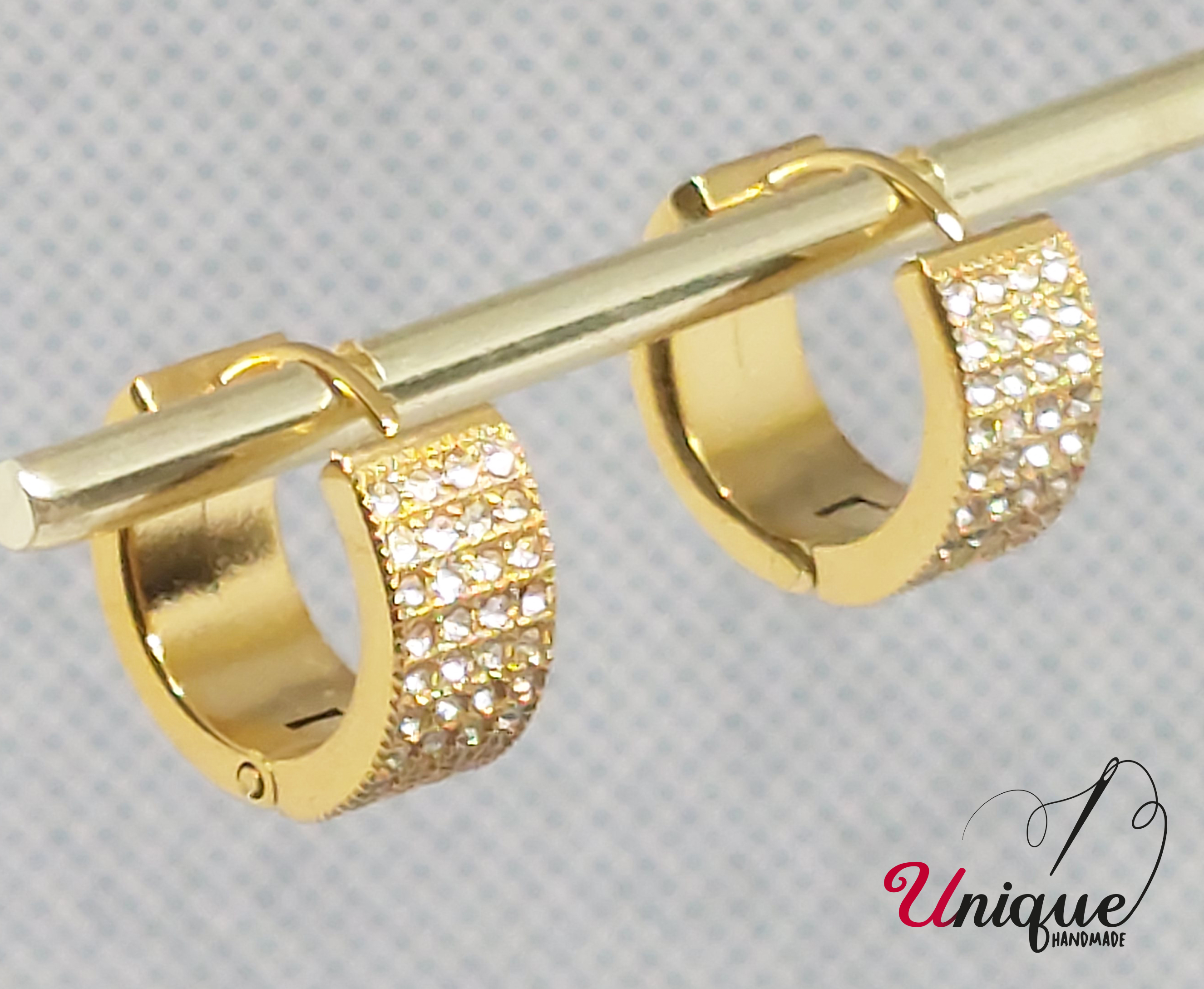 Gold Stainless Steel Small Hoops Earrings With Stones